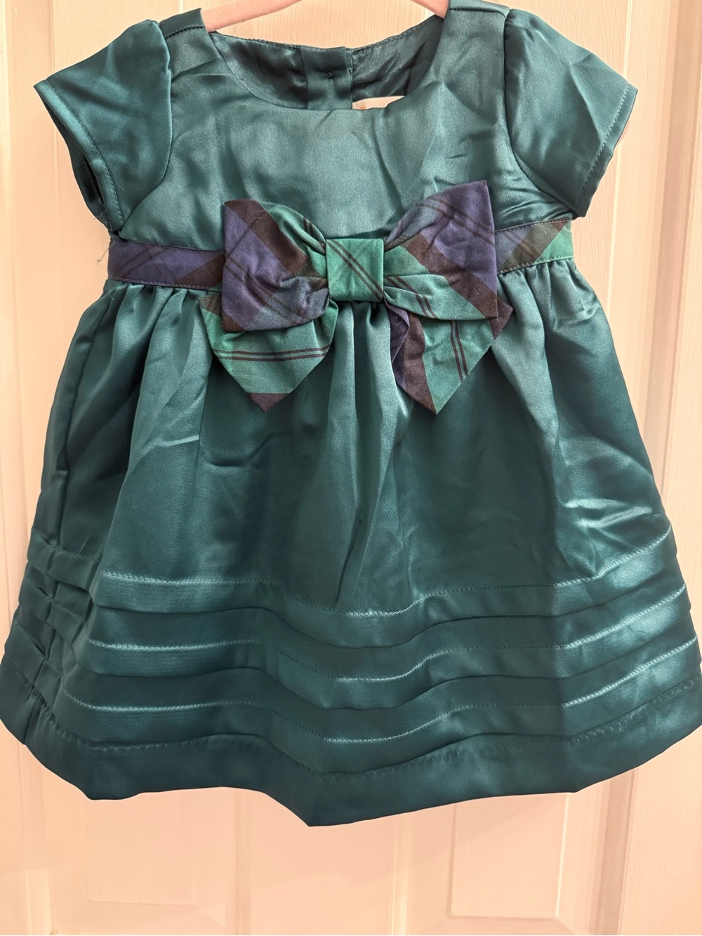 Gymboree Green Satin Plaid Bow Holiday Dress 3-6 Months